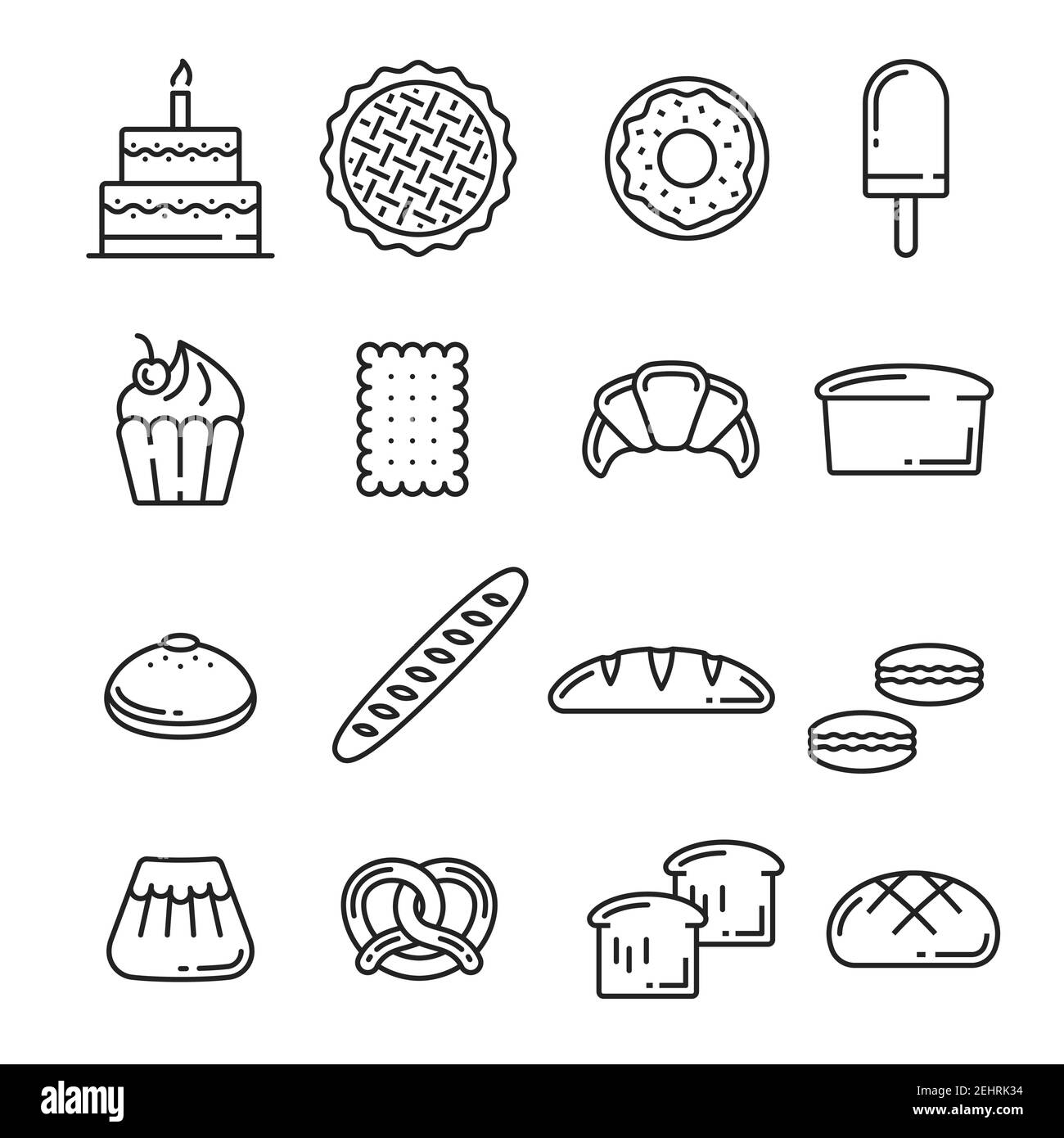Pane e dolci lineart icone di panetteria o pasticceria. Torta di compleanno vettoriale, torta di frutta o ciambella e gelato con cupcake o baguette o siero di latte Illustrazione Vettoriale Pane e dolci lineart icone di panetteria o pasticceria. Torta di compleanno vettoriale, torta di frutta o ciambella e gelato con cupcake o baguette o siero di latte Illustrazione Vettoriale