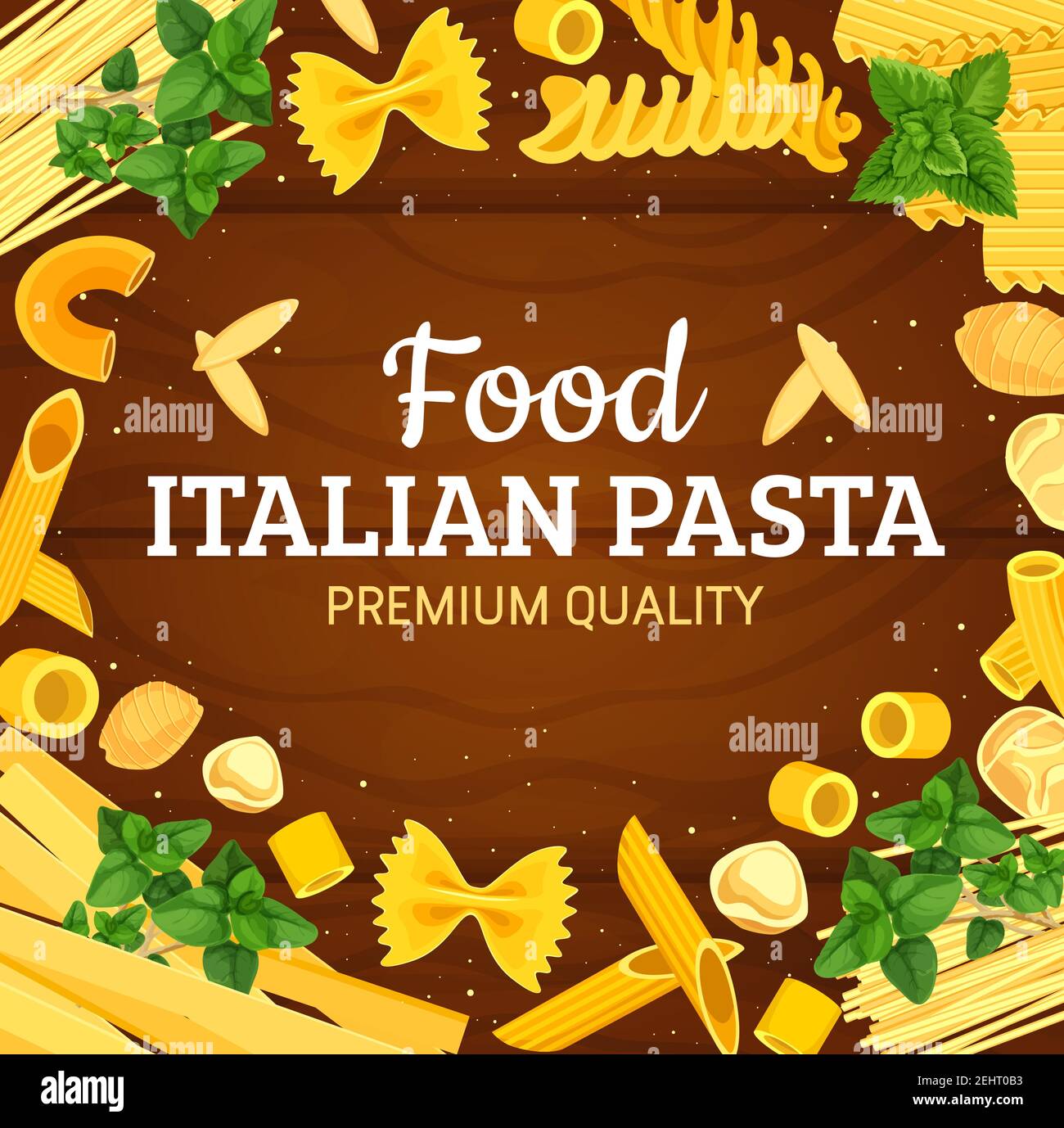 Pasta menu di cucina italiana copertina vettoriale. Fettuccine, fusilli e tagliatelle, lasagna e penne, tortellini e rigate, farfalle, ravioli e spaghetti f Illustrazione Vettoriale