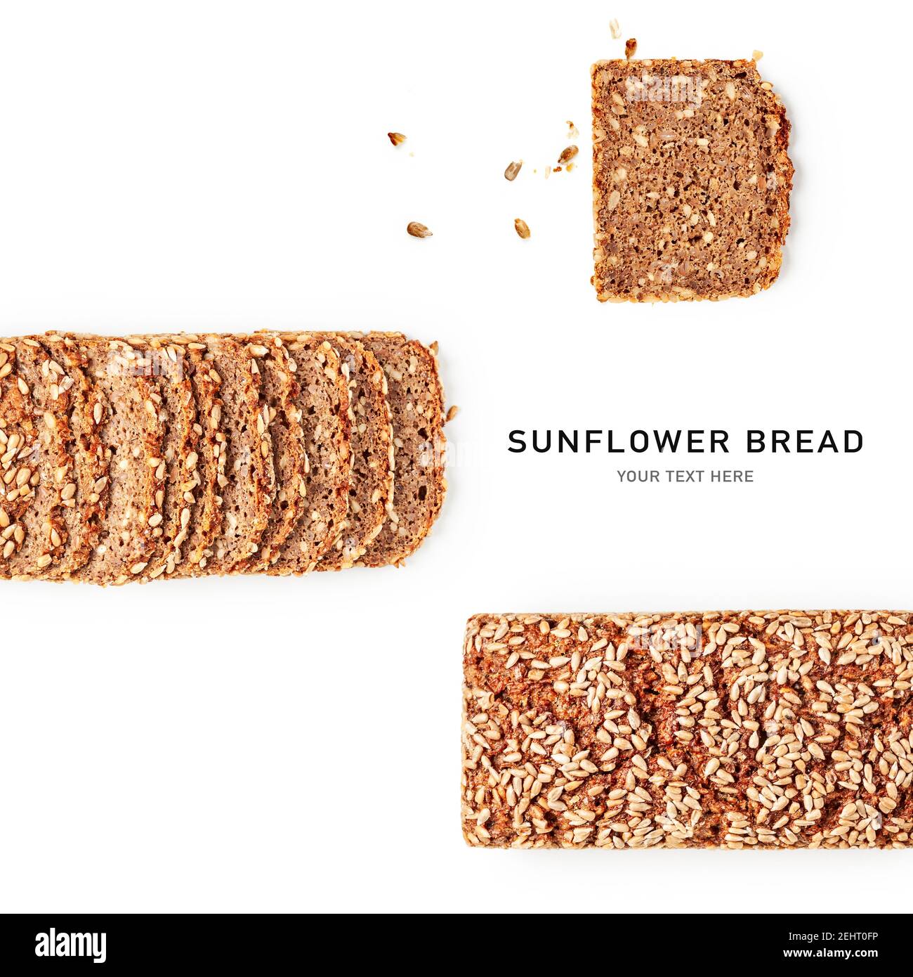 Pane di segale layout creativo isolato su sfondo bianco. Pane a grani multipli con semi di girasole. Concetto di cibo sano e di dieta. Vista dall'alto, Fla Foto Stock