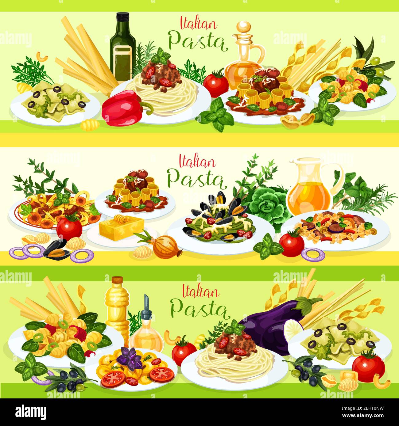 Cucina italiana pasta con carne, verdure e frutti di mare. Spaghetti e rigatoni bolognese, farfalle con verdure e ravioli di carne, linguine con Illustrazione Vettoriale