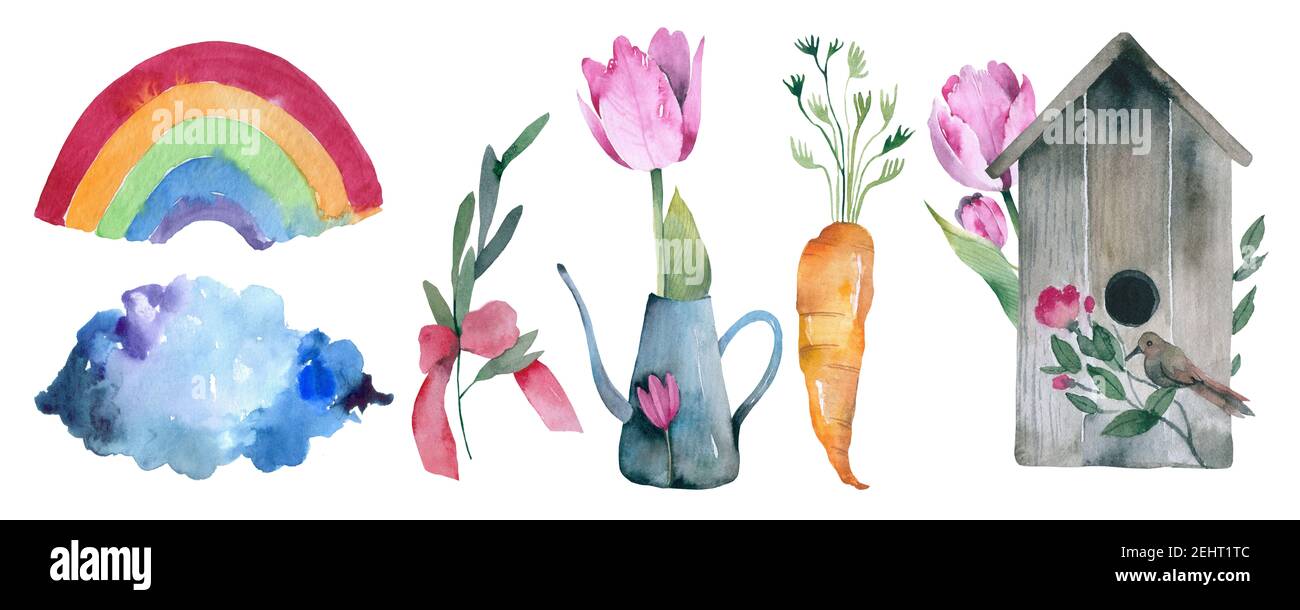 Set di tema primavera. Primavera natura, alberi, fiori, uccelli amore, farfalle, ladybugs Foto Stock