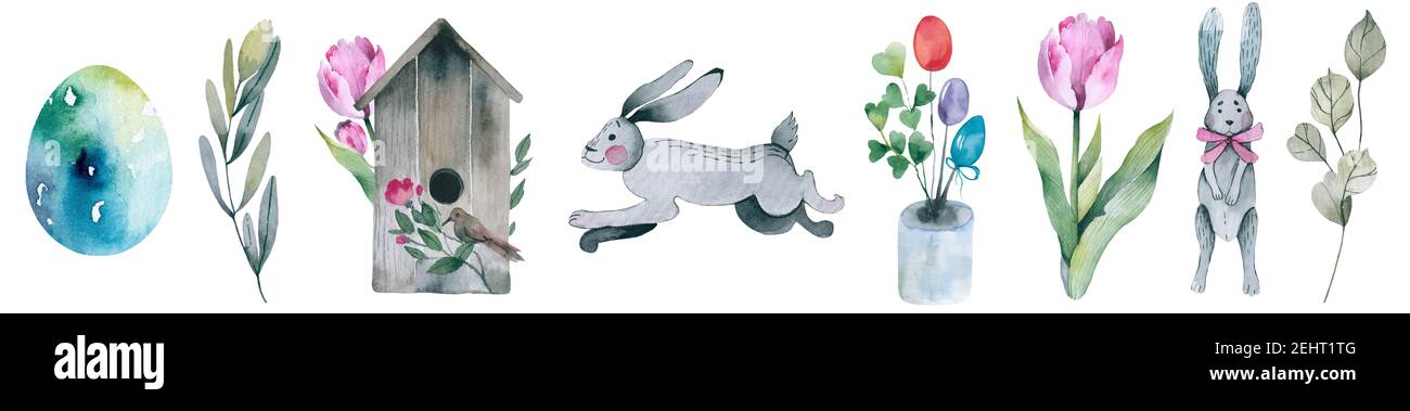 Set di tema primavera. Primavera natura, alberi, fiori, uccelli amore, farfalle, ladybugs Foto Stock