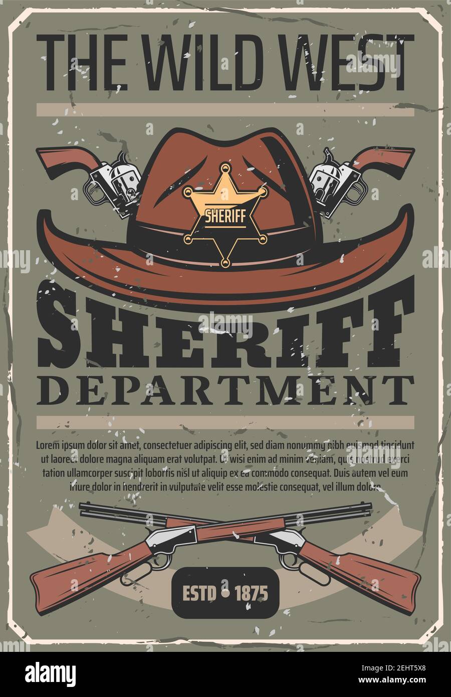 Wild West poster retrò, Dipartimento di polizia sceriffo. Stemma vettoriale  americano d'epoca dei poliziotti su cappello da cowboy, pistola e fucili  incrociati Immagine e Vettoriale - Alamy