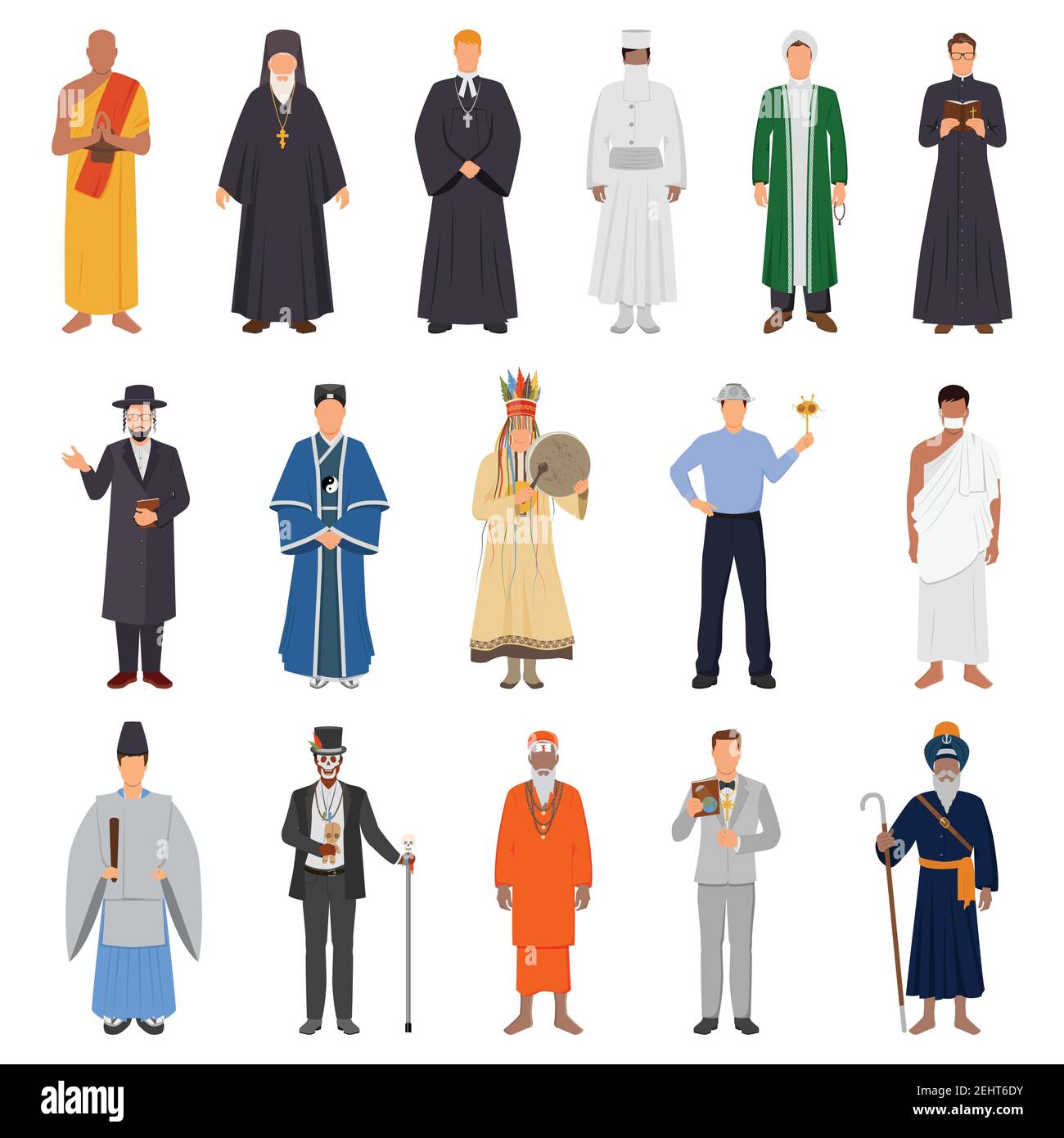 Insieme di persone in costume tradizionale da religioni del mondo tra cui islam, cattolicesimo, ortodossia, buddismo isolato illustrazione vettoriale Illustrazione Vettoriale