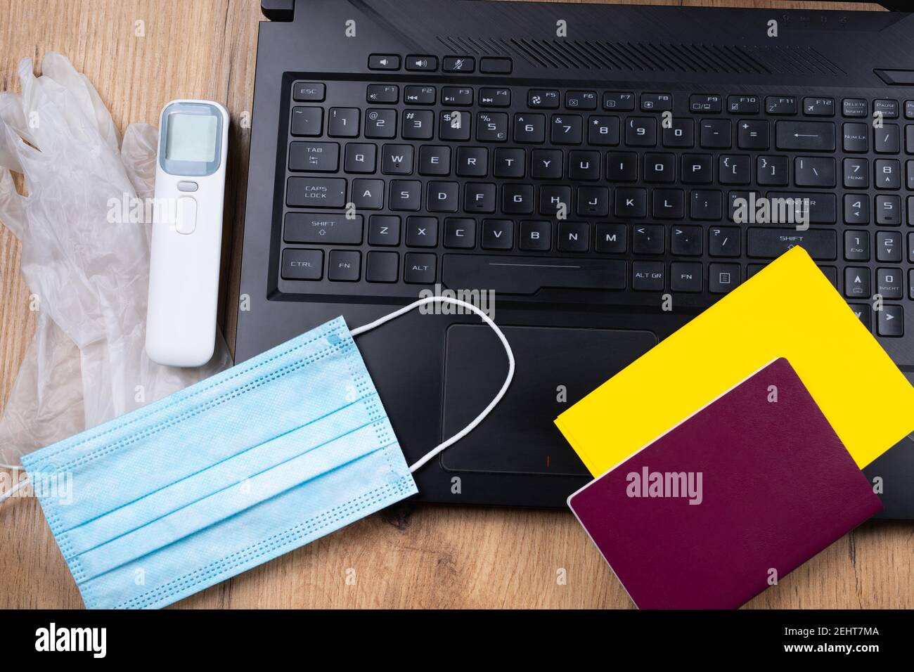 Prenotare i biglietti online utilizzando un computer portatile. Documenti richiesti: Passaporto, certificato internazionale di vaccinazione, maschera, guanti e termometro. Concetto di Foto Stock