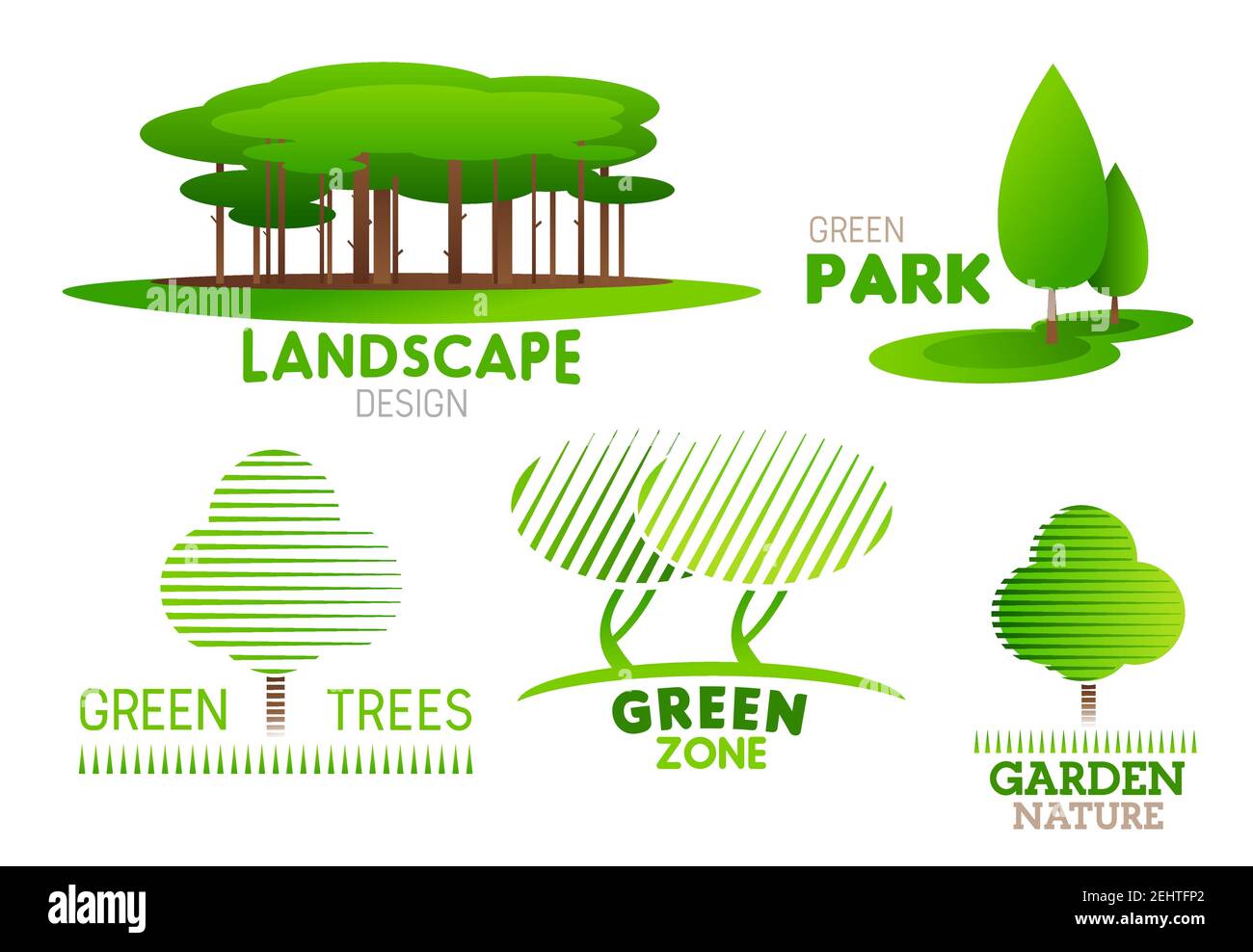 Progettazione paesaggistica e servizio di orticoltura verde icone aziendali per il paesaggio su parco e giardino. Simboli vettoriali di alberi forestali per l'ecologia urbana nat Illustrazione Vettoriale