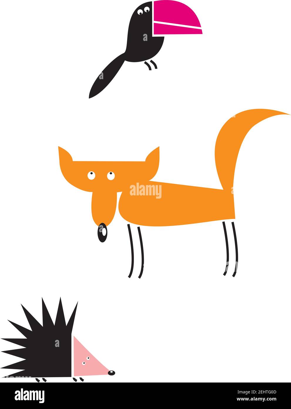Set divertente di animali cartoni animati. Volpe, raven e hedgehog illustrazione vettoriale. Illustrazione Vettoriale