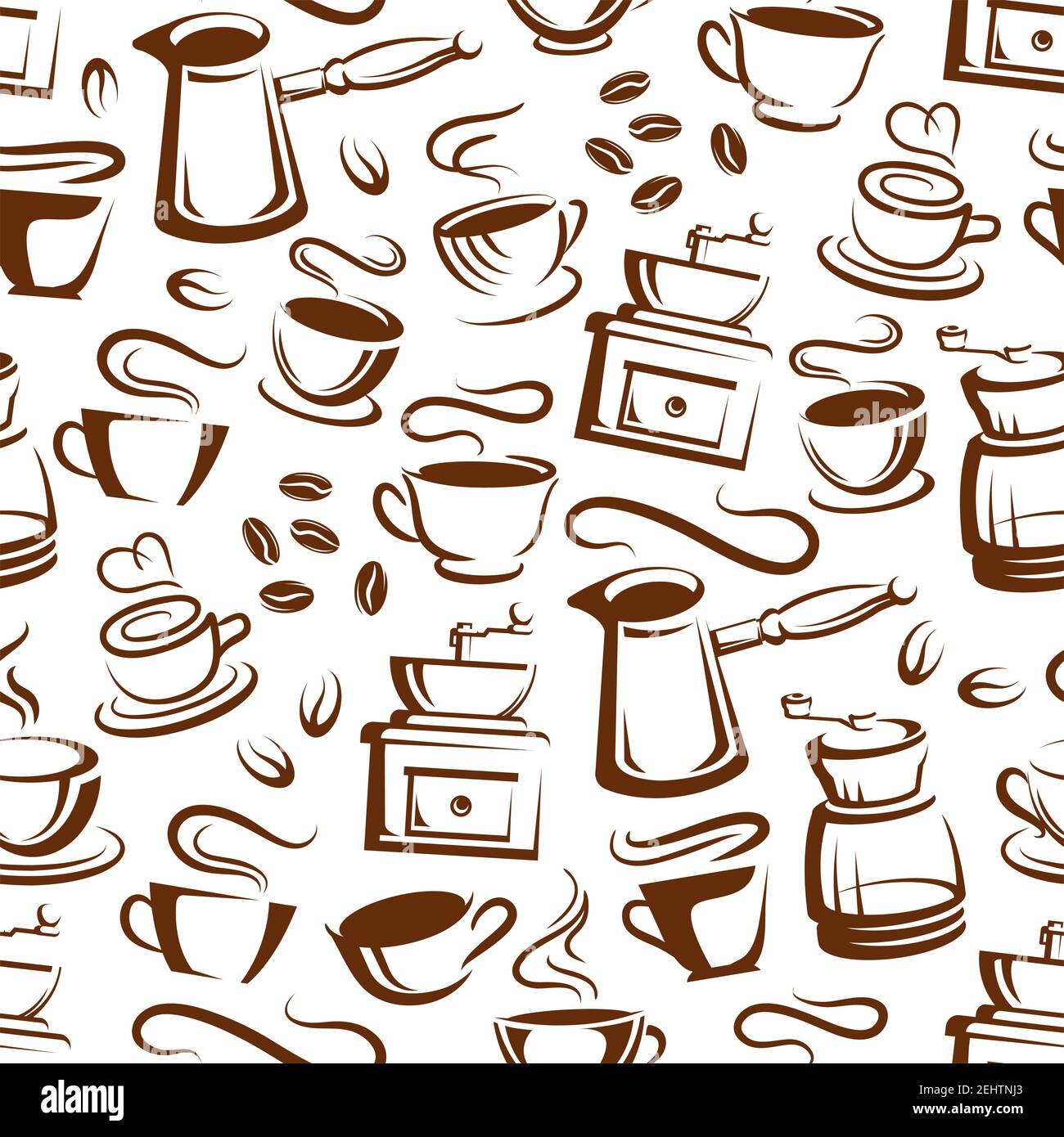 Caffè senza cuciture modello di tazze con vapore e macchine per il caffè. Sfondo vettoriale di americano, espresso o latte e cappuccino tazza, per caffè di Illustrazione Vettoriale