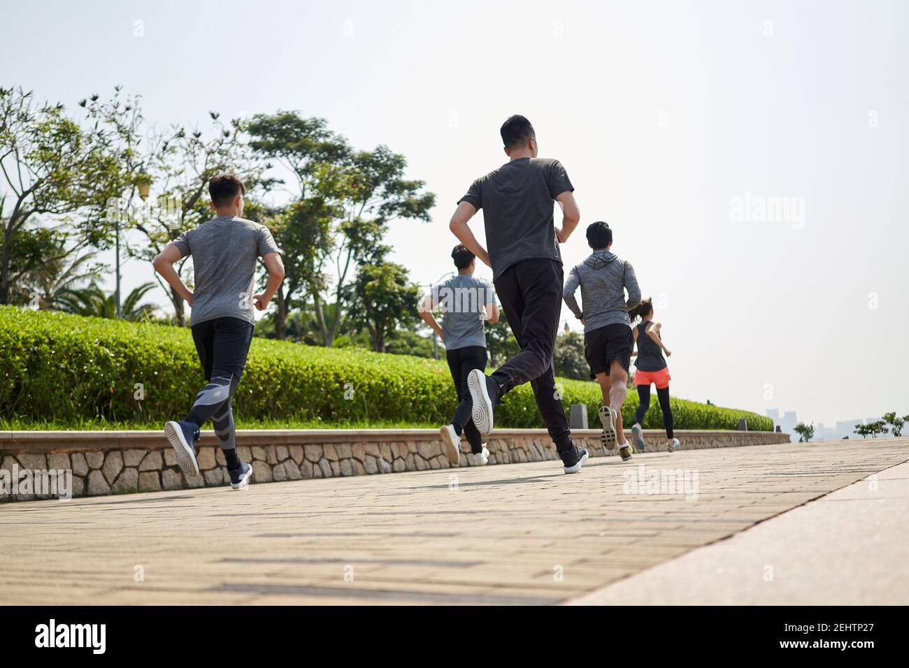 vista posteriore del gruppo di giovani adulti asiatici che si allenano all'aperto nel parco Foto Stock