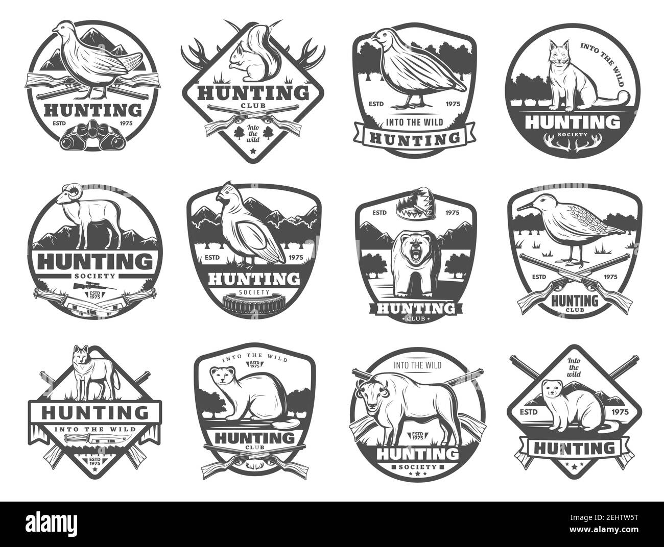 Hunter club o club di caccia aperto stagione badge società. Icone vettoriali di animali selvatici e uccelli con fucili a caccia di munizioni e trappole per African Safari buffa Illustrazione Vettoriale