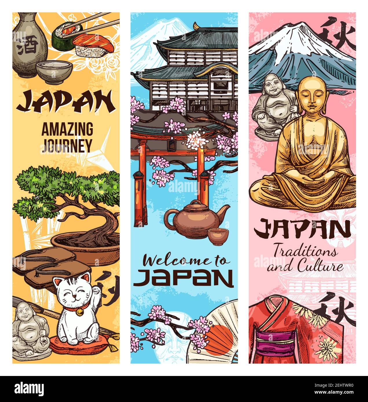 Cultura giapponese e simboli e monumenti tradizionali, banner vettoriali. Monte Fuji giapponese, tempio e statua di Buddha con kimono geisha, sushi e sake, Illustrazione Vettoriale