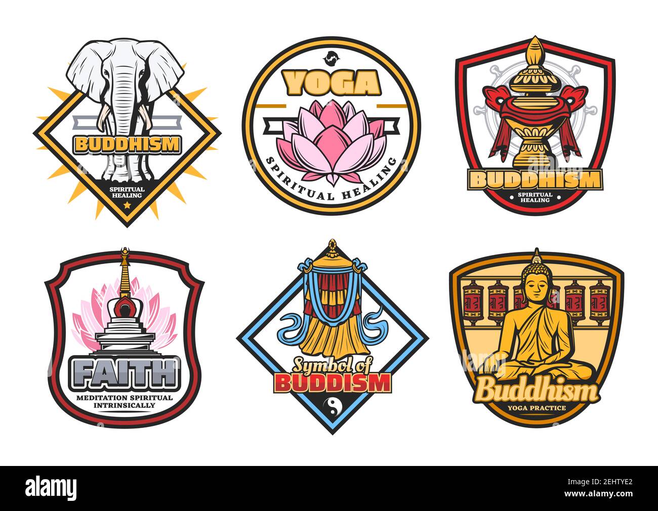 I simboli religiosi del buddismo, la meditazione del Buddha e la guarigione dello yoga. Icone vettoriali del segno buddista mudra, loto o elefante bianco sacro, santuario stupa con Illustrazione Vettoriale