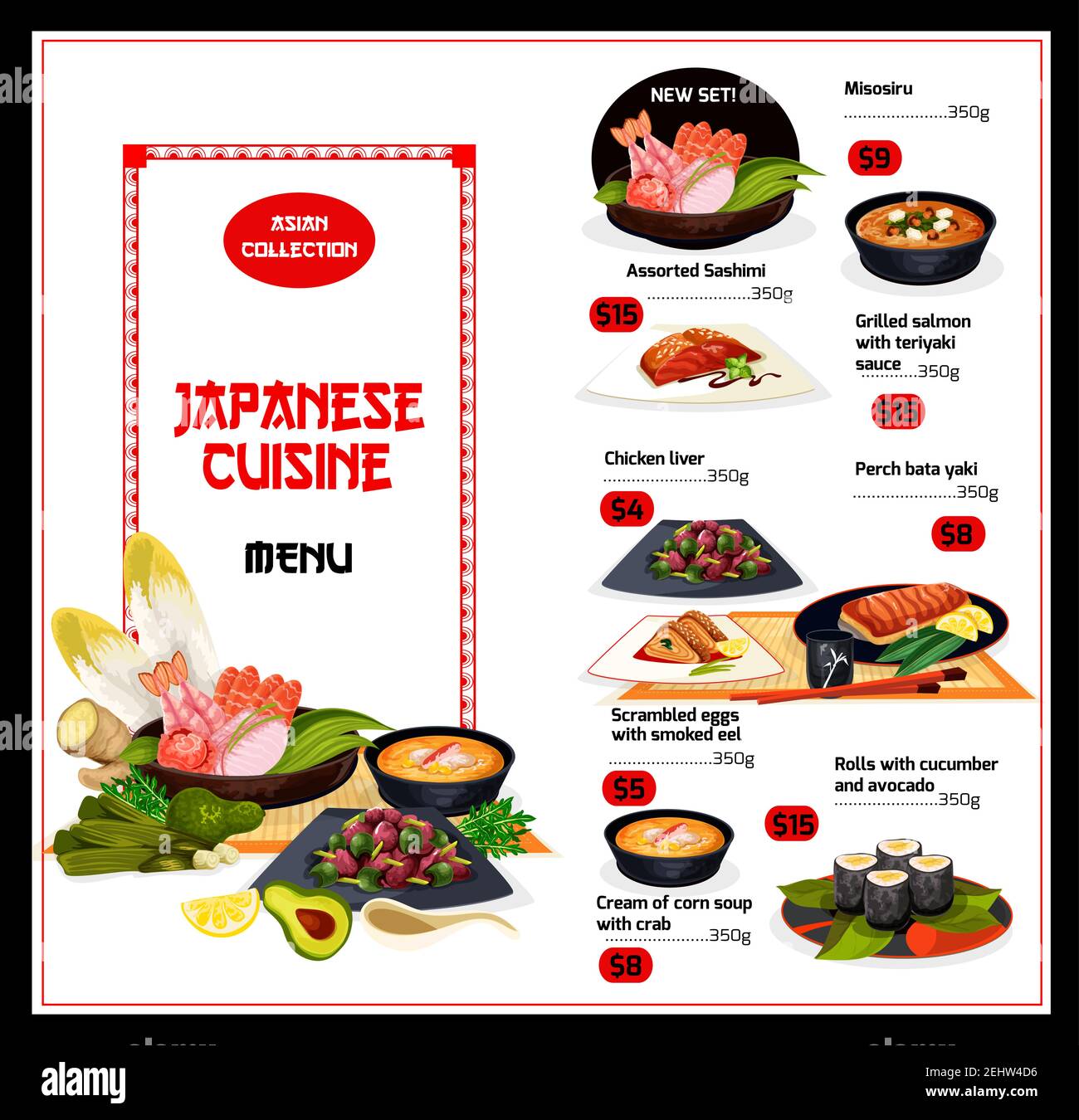 Menu di cucina Giapponese con pesce e verdure. Vettore misosiru e sashimi, salmone e fegato di pollo, persico bata yaki e uova strapazzate con anguilla, panini Illustrazione Vettoriale