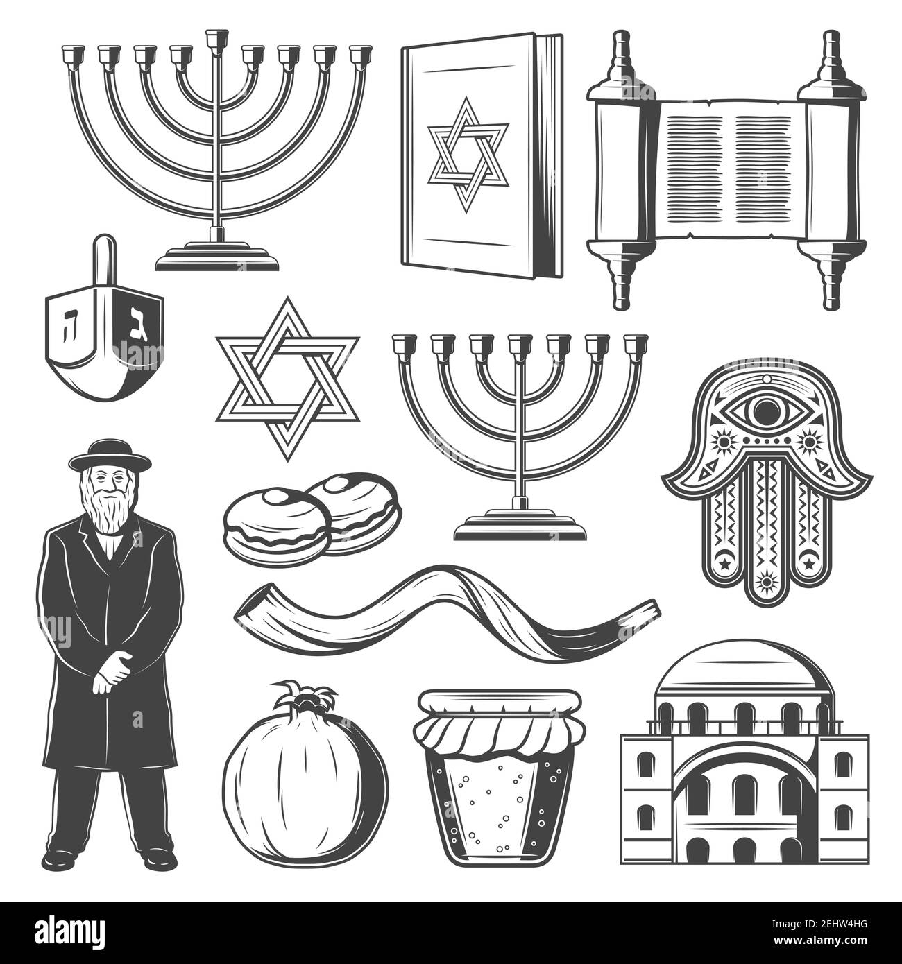 Simboli religiosi ebraici. Icone di religione ebraica vettoriale di Hanukkah Menorah Hanukiyot, David Star o Torah scroll e Shofar corno, dreidel A. Illustrazione Vettoriale