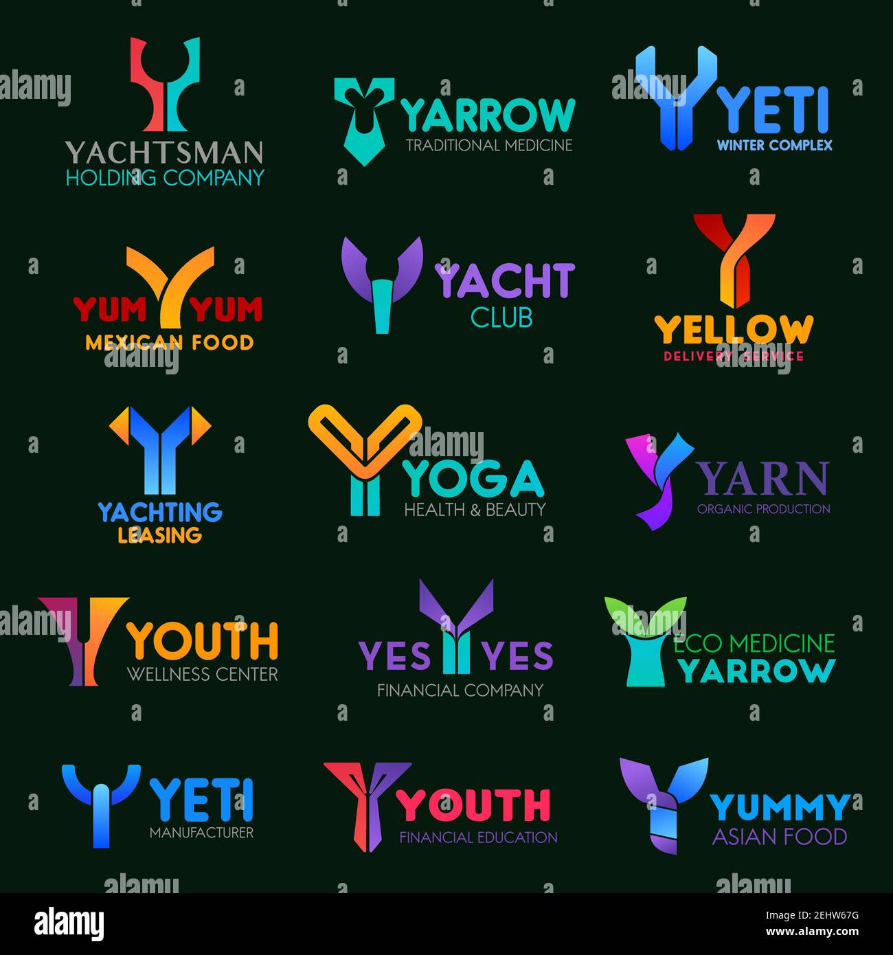 Y icone aziendali della lettera di identità aziendale. Cibo, medicina e sport, salute, bellezza e servizio di consegna, finanza e progettazione di società di formazione. VECTO Illustrazione Vettoriale