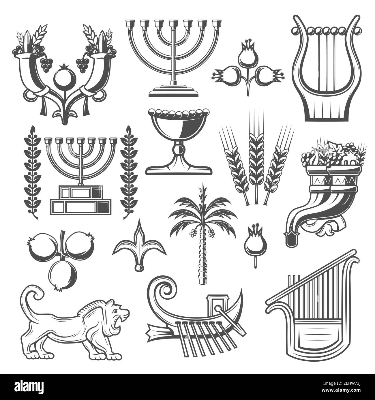 Simboli judaismo icone vettoriali monocromatiche. Cornucopia e calice, melograno e menorah, rami di alloro e arpa, leone e grano. Cultura ebraica e. Illustrazione Vettoriale