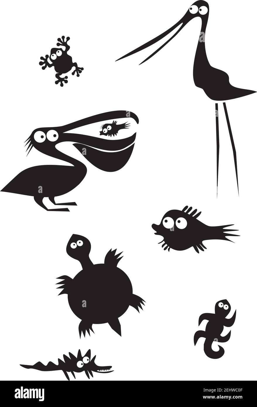 Divertenti uccelli, rane, tartarughe e pesci Illustrazione Vettoriale