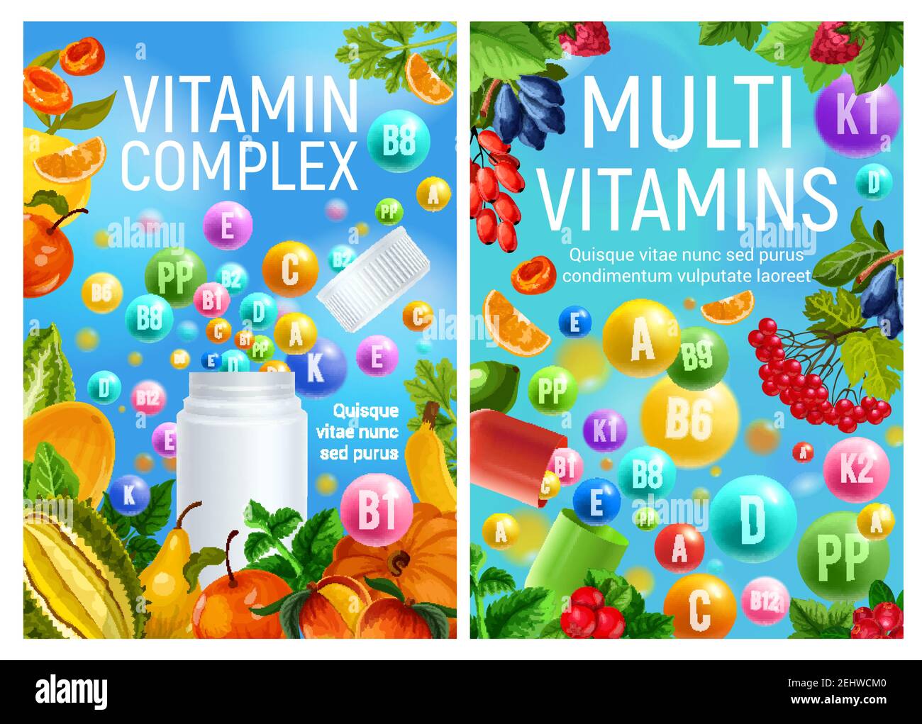 Vitamine nelle verdure vegetariane, frutta biologica e bacche naturali. Multivitaminici vettoriali e minerali complessi in alimenti sani per dieteti Illustrazione Vettoriale