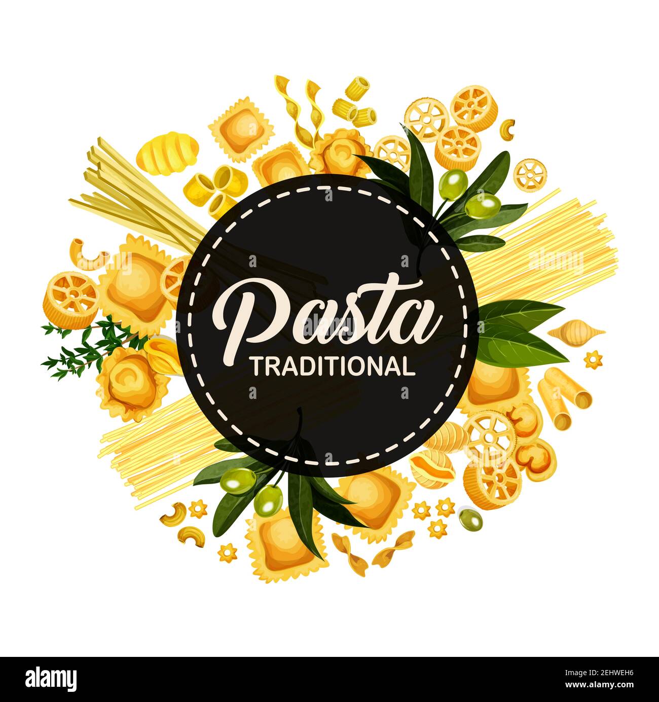 Il menu della pasta italiana copre il design, il ristorante italiano di cucina tradizionale spaghetti, fettuccine e ravioli. Tagliatelle, lasagna o linguine di pasta vettoriale Illustrazione Vettoriale