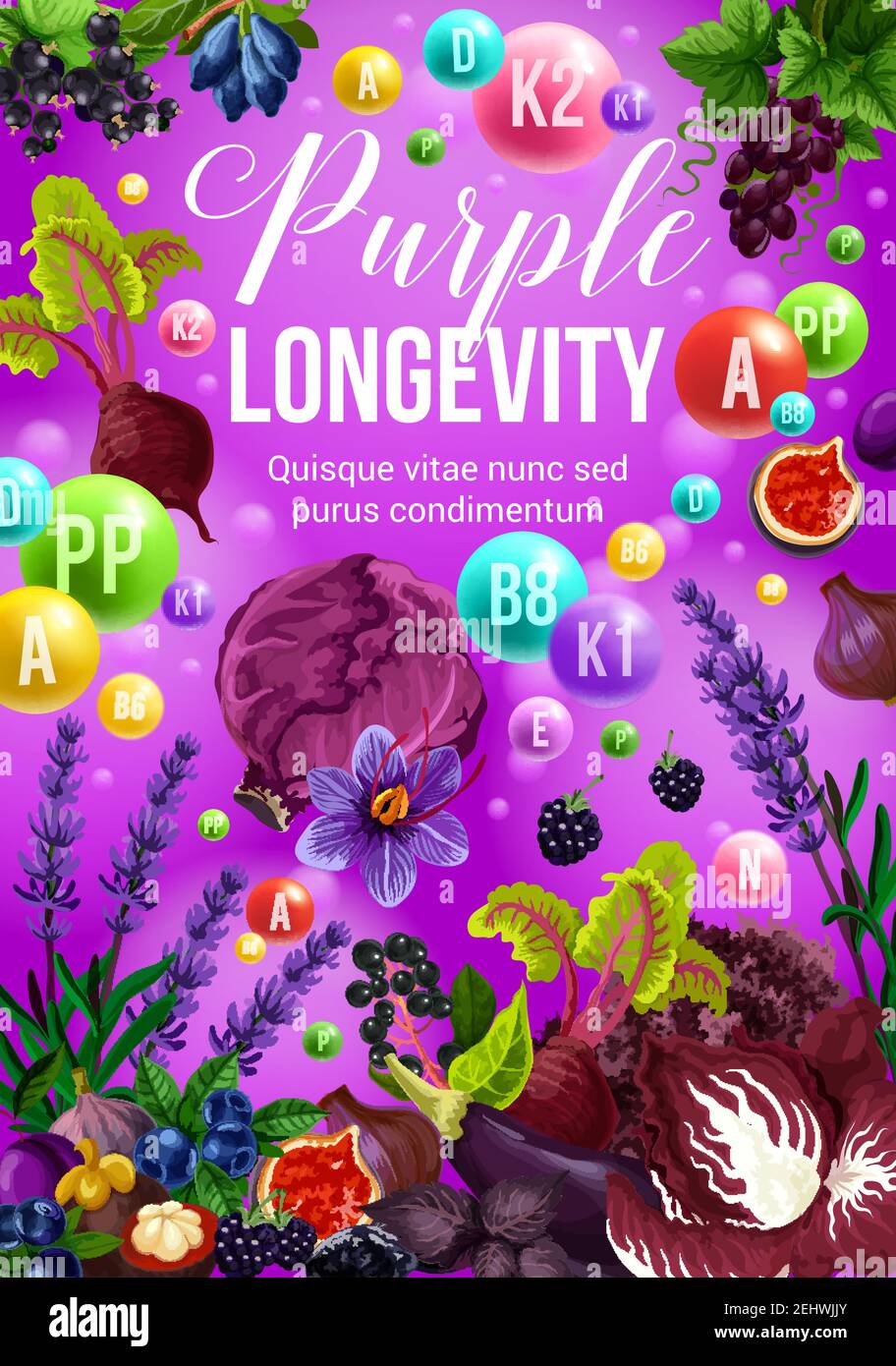 Dieta a colori cibo sano, frutta e verdura viola. Nutrizione sana ingredienti vitaminici per la longevità e la salute. Cavolo vettore, cipolla e uva Illustrazione Vettoriale