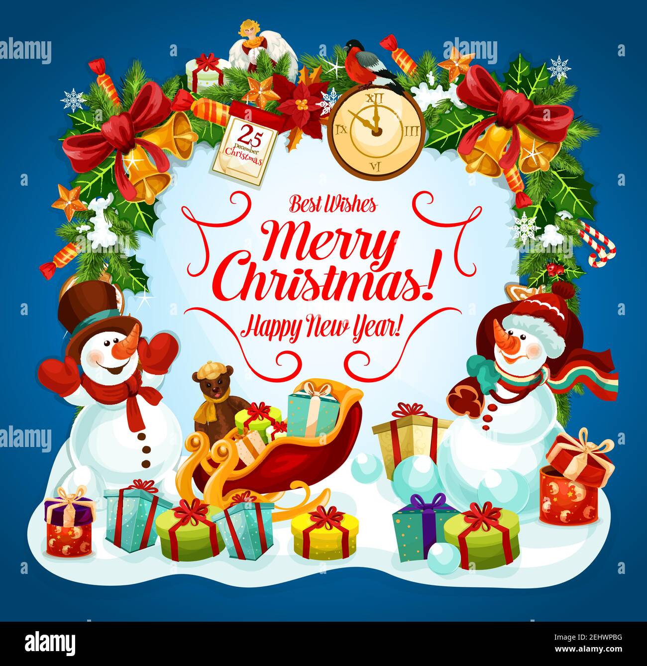 Biglietto d'auguri per Natale e Capodanno con pupazzo di neve e regalo. Banner festivo per le vacanze invernali con agrifoglio e ghirlanda natalizia, pupazzo di neve con slitta Santa e pre Illustrazione Vettoriale