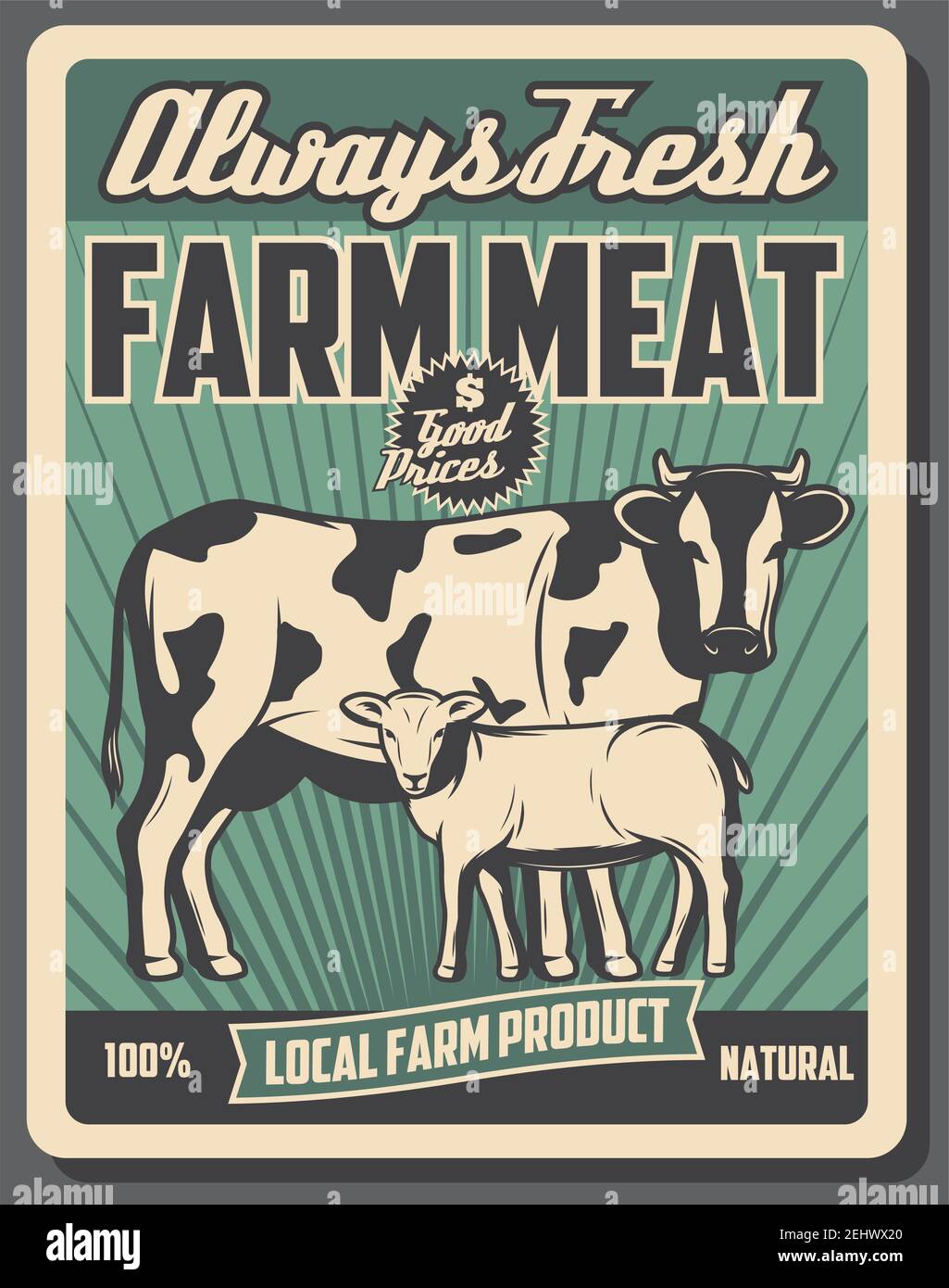 Poster retrò del mercato agricolo, macellai prodotti a base di carne provenienti da allevamenti bovini. Vintage design vettoriale, mucca e ovini animali di agnello. Agricoltura e agricoltura tema Illustrazione Vettoriale