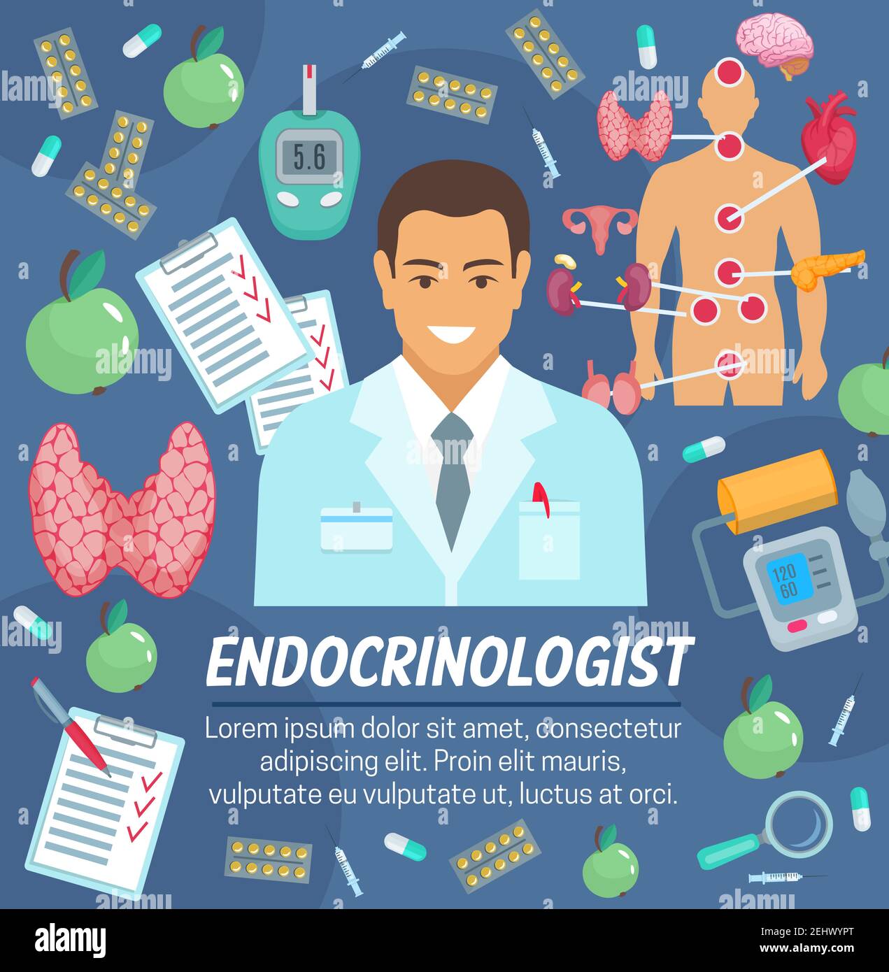 Endocrinology medicina e ormone tiroideo del sistema endocrino e trattamento del diabete. Vettore endocrinologo medico uomo con pillole, tonometro e GU Illustrazione Vettoriale