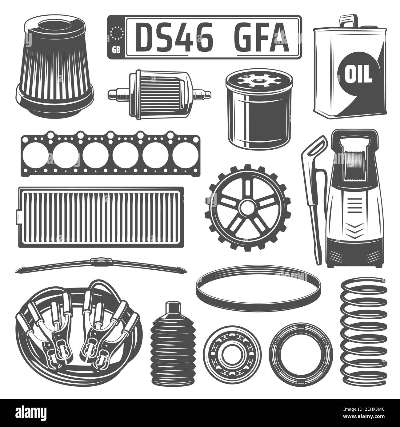 Pezzi di ricambio per auto, tanica dell'olio e lavavetreria icone monocromatiche vettoriali. Lattina olio motore, ruota dentata, targa, filtro e molla cella, cabina di collegamento Illustrazione Vettoriale