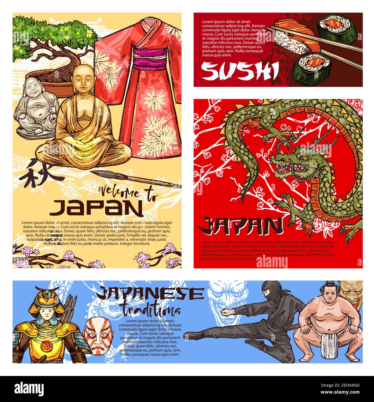 Poster di viaggio in Giappone con simboli della cultura giapponese. Statua del Buddha, drago e tempio della pagoda, sushi, bonsai e sakura, kimono e samurai, ninja, sumo Illustrazione Vettoriale