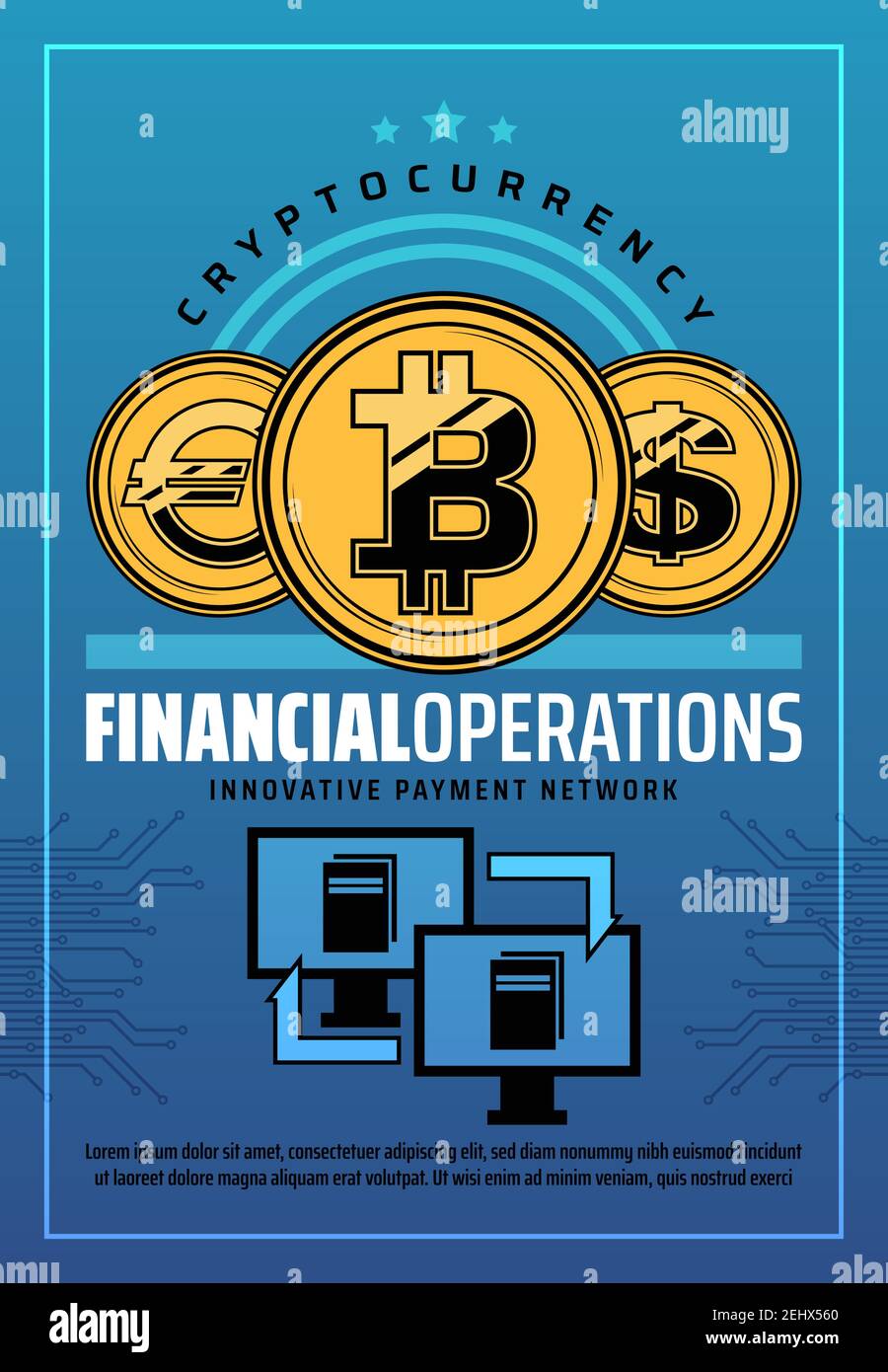 Denaro digitale, operazioni finanziarie con criptovaluta. Vector Golden bitcoin, dollaro ed euro, tecnologia blockchain, innovativa rete di pagamento e. Illustrazione Vettoriale
