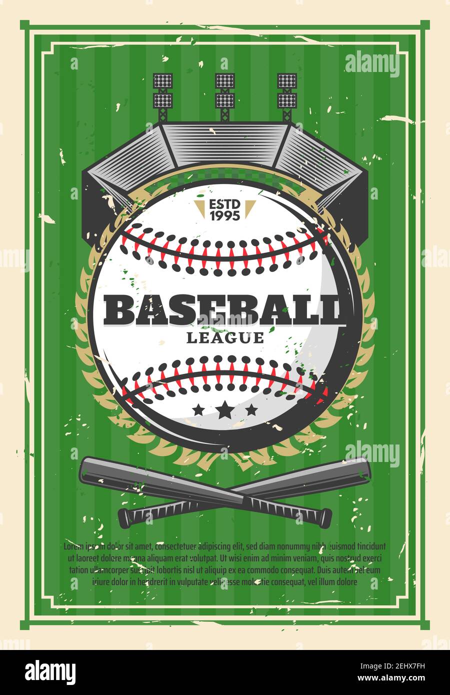 Partita di baseball, poster della vecchia grunge della lega. La palla da baseball vettoriale con giocatori incrociati pipistrelli in corona d'oro vittoria sullo stadio arena, verde s. Illustrazione Vettoriale