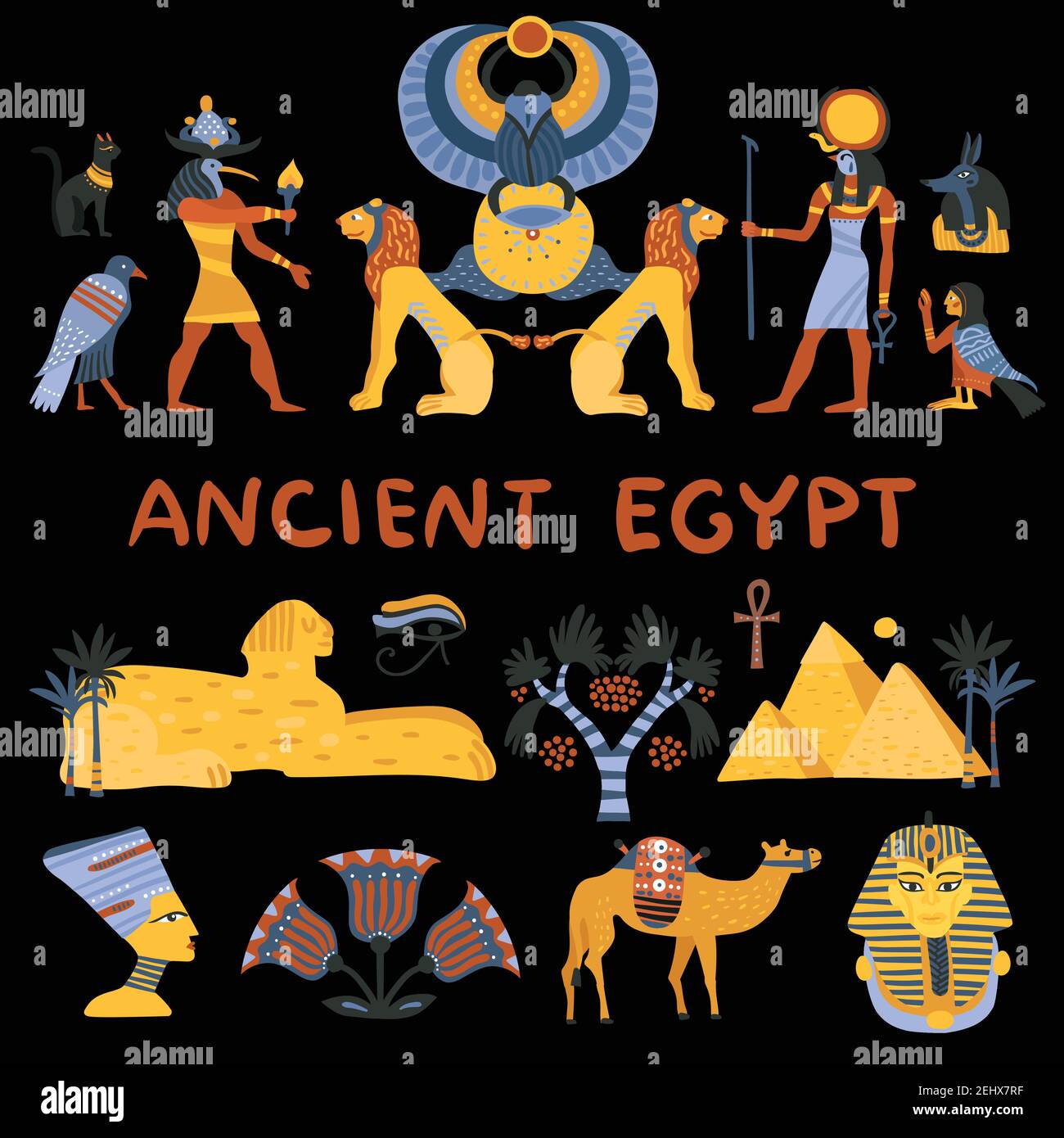 Antico egitto insieme di icone decorative isolato su sfondo nero con simboli religiosi e turistici illustrazione vettoriale Illustrazione Vettoriale