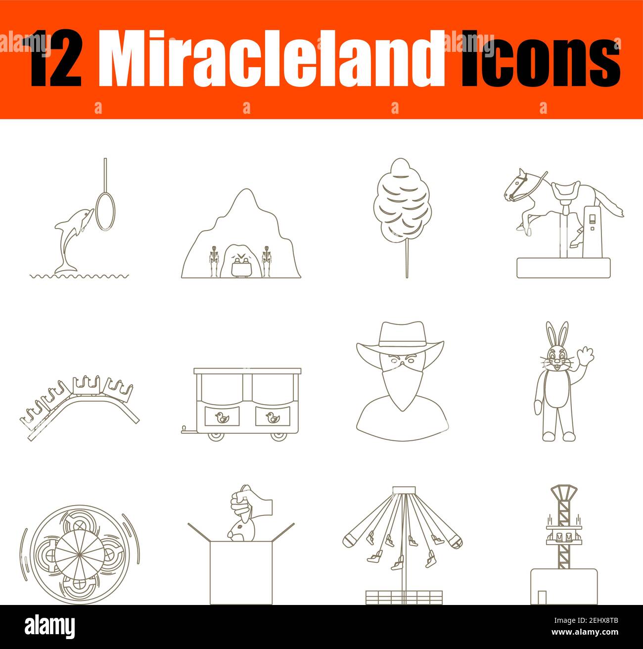 Set di icone Miracleland. Linea tratto modificabile sottile senza disegno di riempimento. Illustrazione vettoriale. Illustrazione Vettoriale