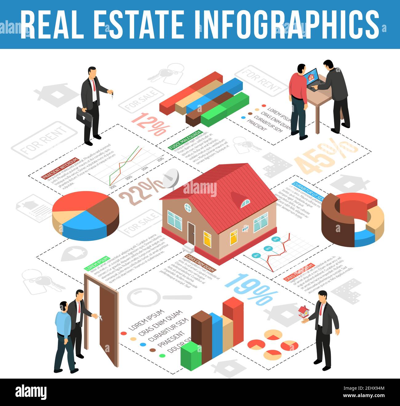 Agenzia immobiliare infografica layout isometrico con grafici grafici grafici e. statistiche di illustrazione del vettore di vendita Illustrazione Vettoriale