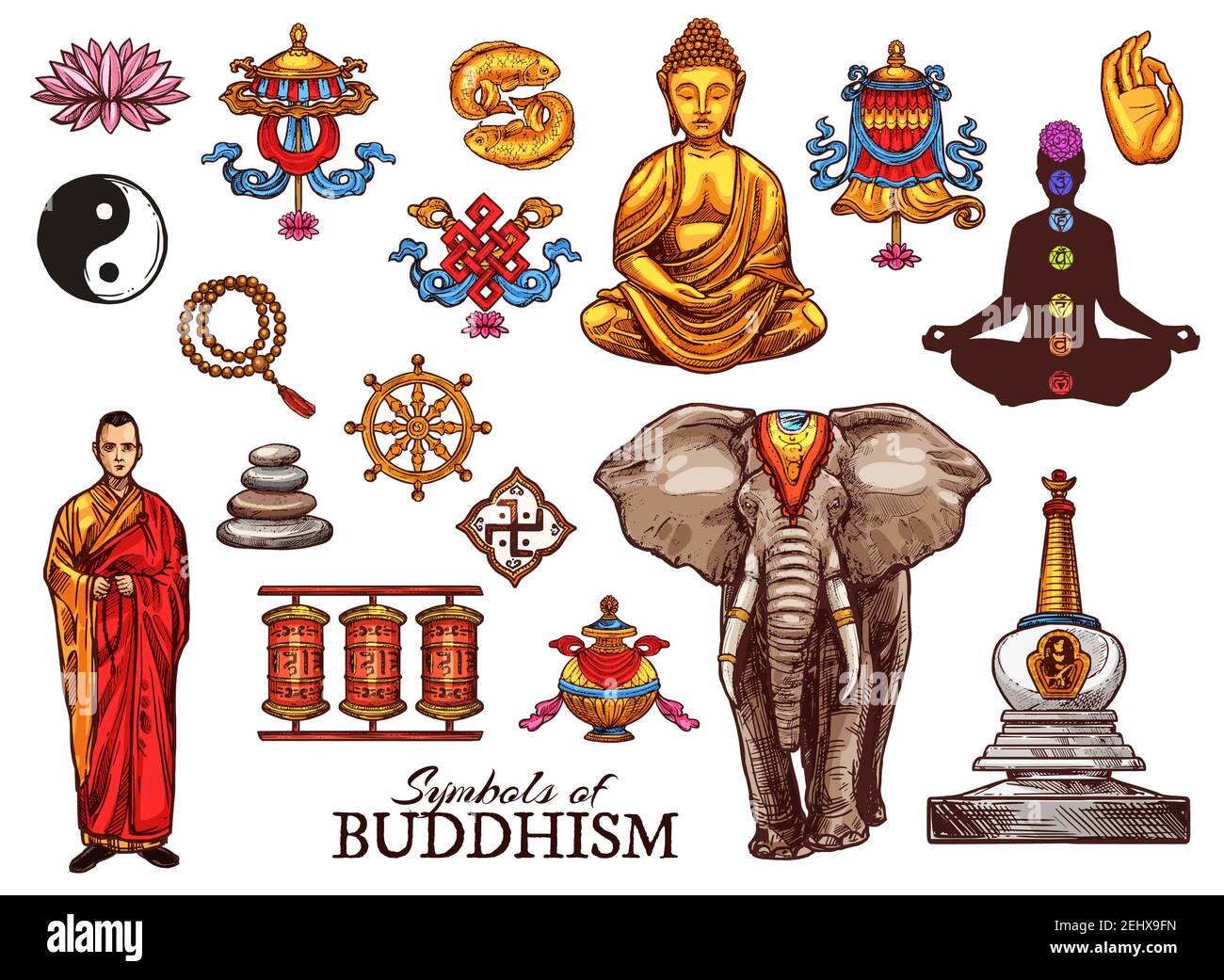 Meditazione religiosa buddismo e simboli zen. Mudra monaco Budda vettoriale, segno del pesce Yin Yang o ruota Dharma e batteria del tempio, elefante e vi buddista Illustrazione Vettoriale