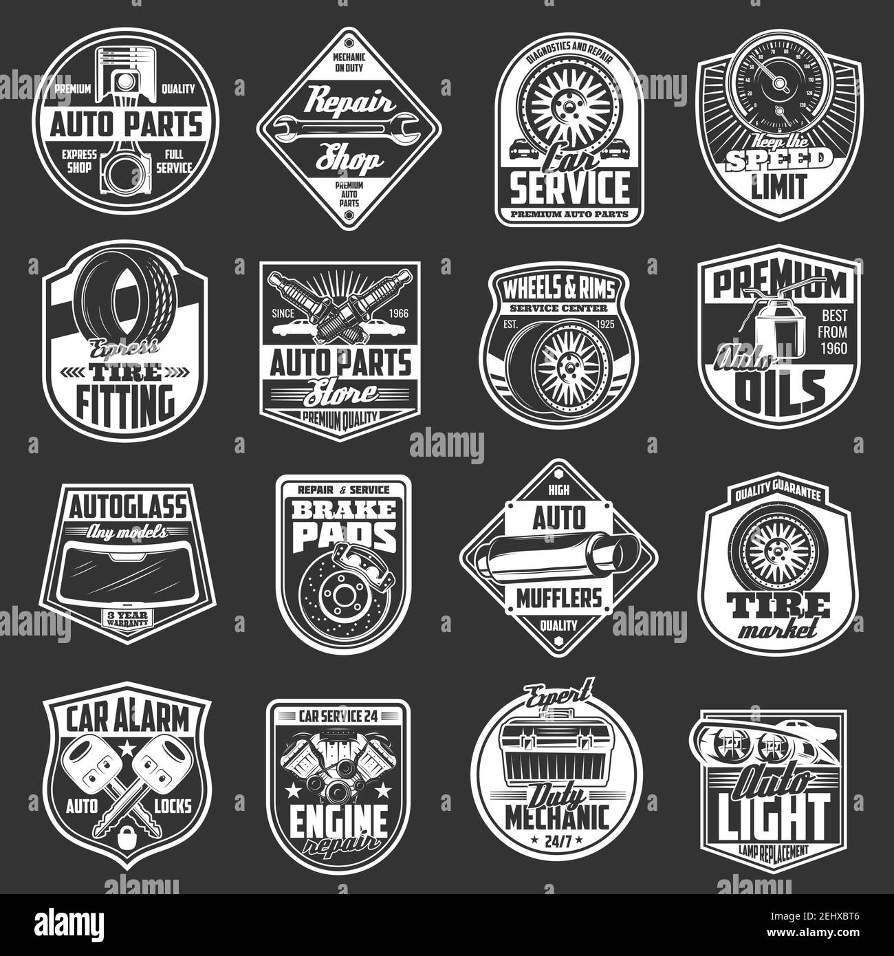 Pezzi di ricambio per auto, icone di servizio per auto. Strumenti di riparazione per autoveicoli Vector, diagnostica candele per veicoli, chiave e silenziatore, pom. Pneumatico per trasporto automatico Illustrazione Vettoriale