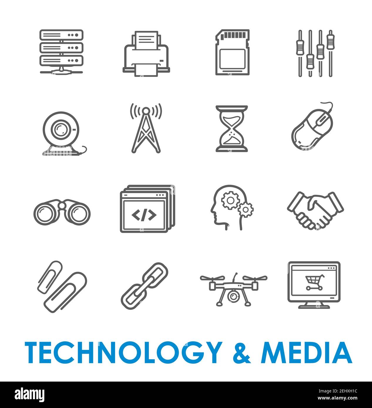 Tecnologie informatiche e icone vettoriali di comunicazione e connessione Internet. Mouse sottile, collegamento, ricerca e server cloud, download, stampante Illustrazione Vettoriale