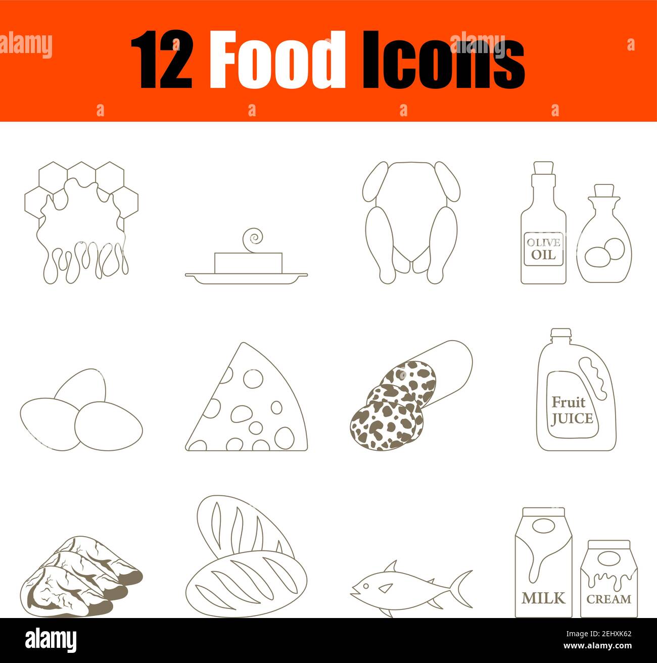 Set di icone del cibo. Linea tratto modificabile sottile senza disegno di riempimento. Illustrazione vettoriale. Illustrazione Vettoriale