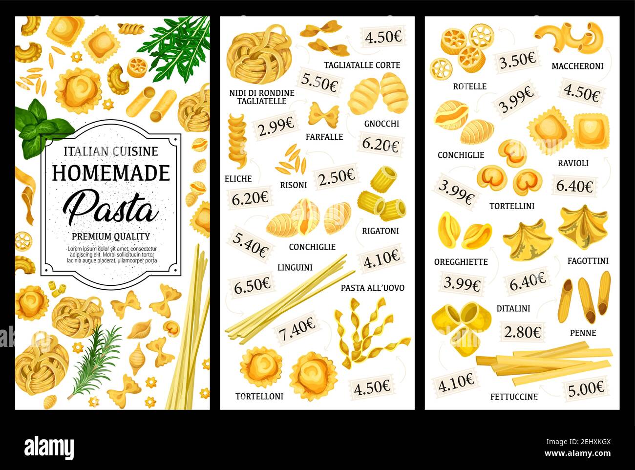 Menù vettoriale della pasta italiana con spaghetti, penne e farfalle, fettuccine, linguini e conchiglie, rigatoni, ravioli e tortellini, ditalini, maccher Illustrazione Vettoriale