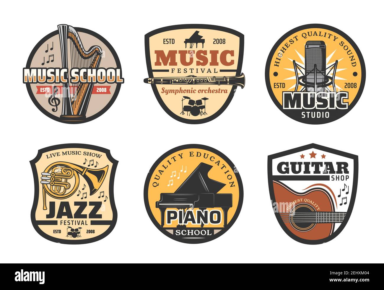 Icone musicali con strumenti musicali per la scuola o lo studio di registrazione. Arpa e flauto, tromba e pianoforte per spettacolo di orchestra sinfonica. Tamburi e acustico g Illustrazione Vettoriale