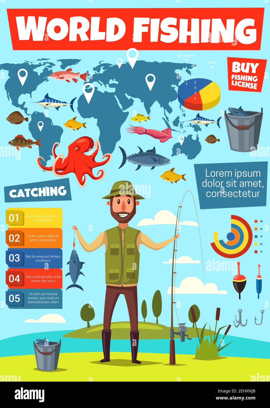 Infografica sullo sport della pesca. Pescatore con attrezzature da pesca e pesca carta torta, pesca cattura grafico e mappa del mondo con gancio vettore, esca e bobber Illustrazione Vettoriale