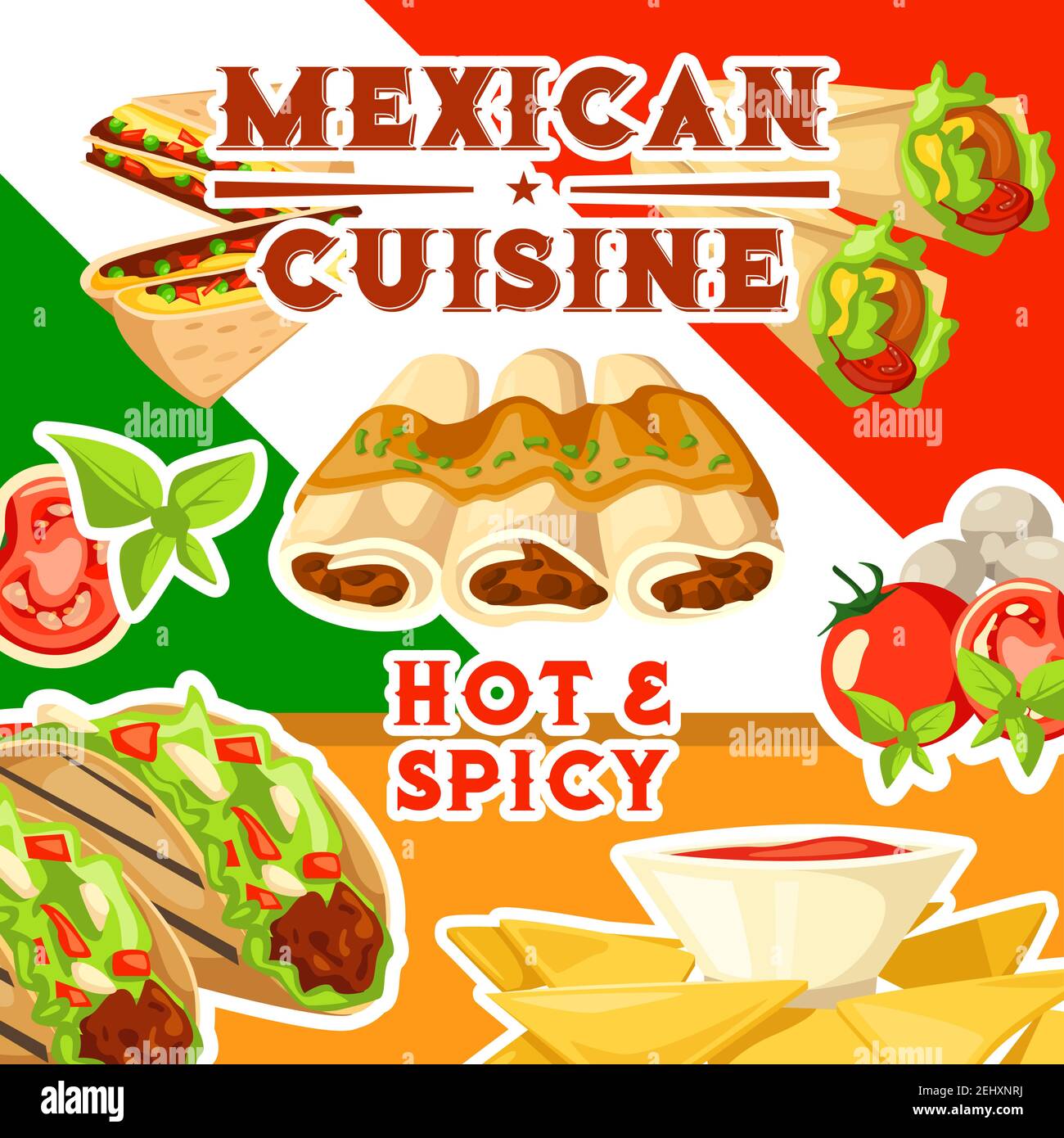 Poster della cucina messicana calda e piccante con piatti del Messico. Enchiladas e taco, burrito e nachos, panini con fagioli e pomodori, funghi An Illustrazione Vettoriale