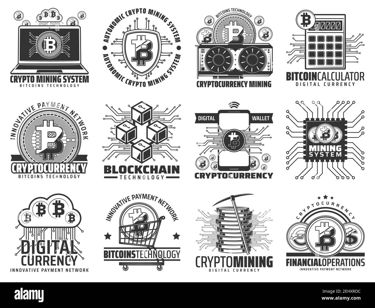 Criptovaluta e estrazione digitale, icone della tecnologia blockchain. Computer vettoriale e hardware, calcolatrice e bitcoin, smartphone e carrello, pi Illustrazione Vettoriale