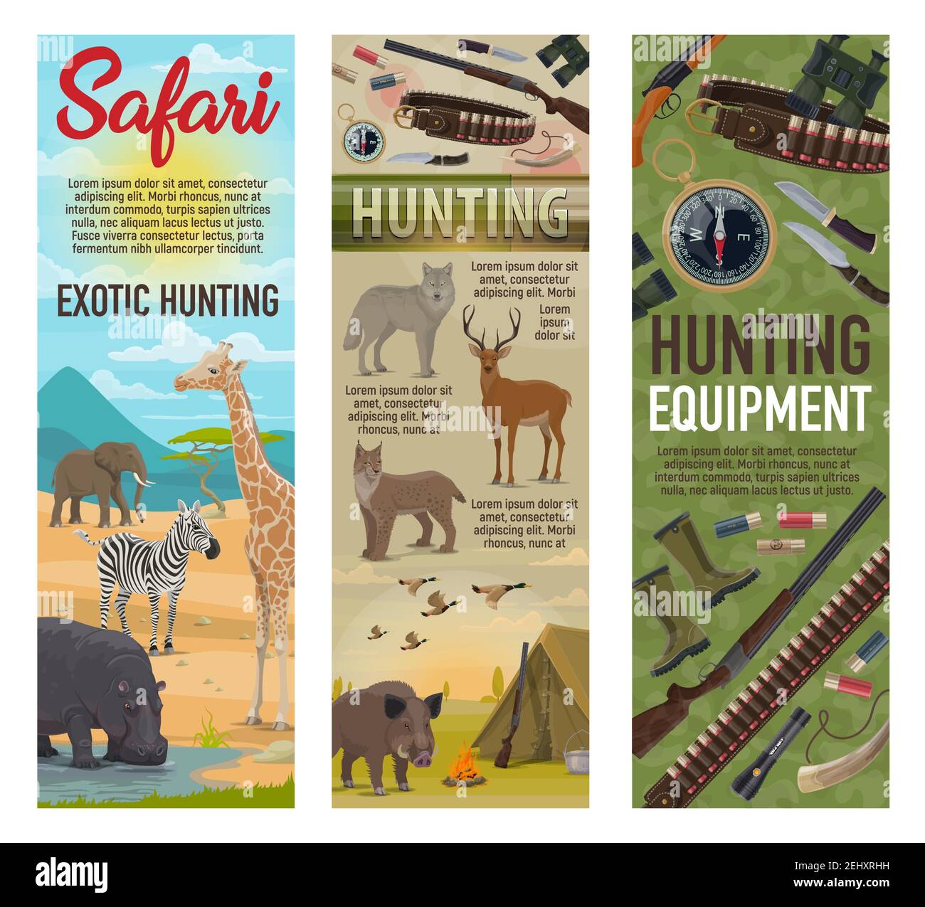 African Safari caccia, caccia alla foresta e animali savana trofeo con munizioni cacciatore. Vettore elefante, zebra o giraffe e ippopotamo, trappole e carbina Illustrazione Vettoriale