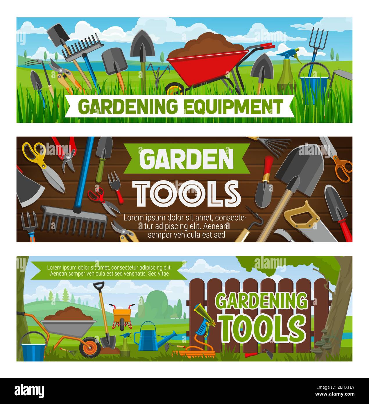 Attrezzatura di giardinaggio e attrezzi di piantatura. Vector fattoria giardino spade e rastrello, annaffiatura lattina e sogliola in carriola, sega e alberi secateurs, zappa e pitch Illustrazione Vettoriale