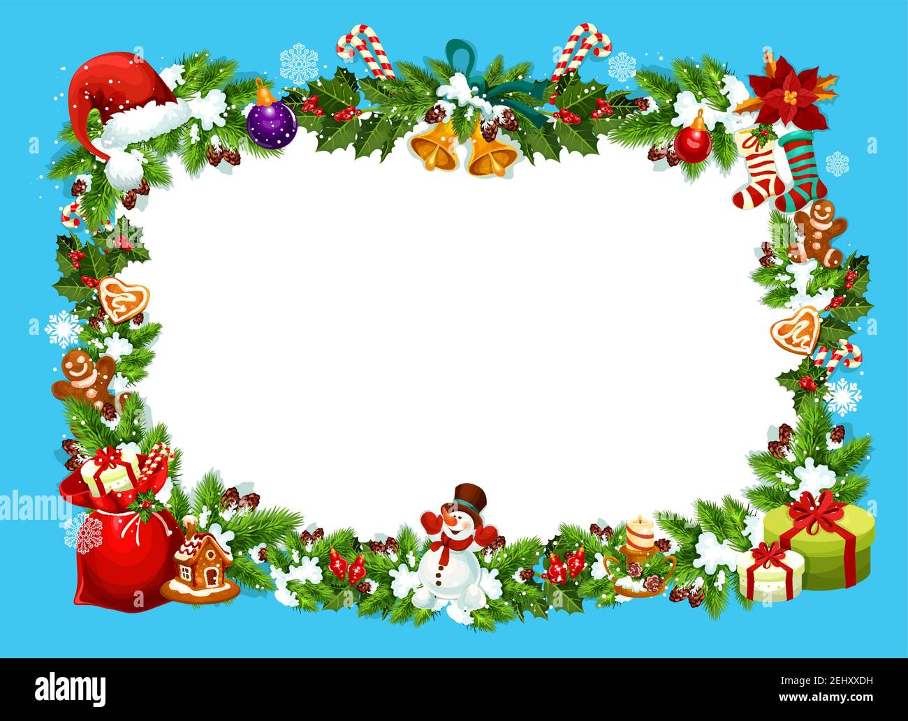 Biglietto d'auguri per Natale e Capodanno con cornice regalo per le festività invernali. Albero di Natale, abete e agrifoglio, scatole presenti, arco di neve e nastro, sacco di Santa, Illustrazione Vettoriale