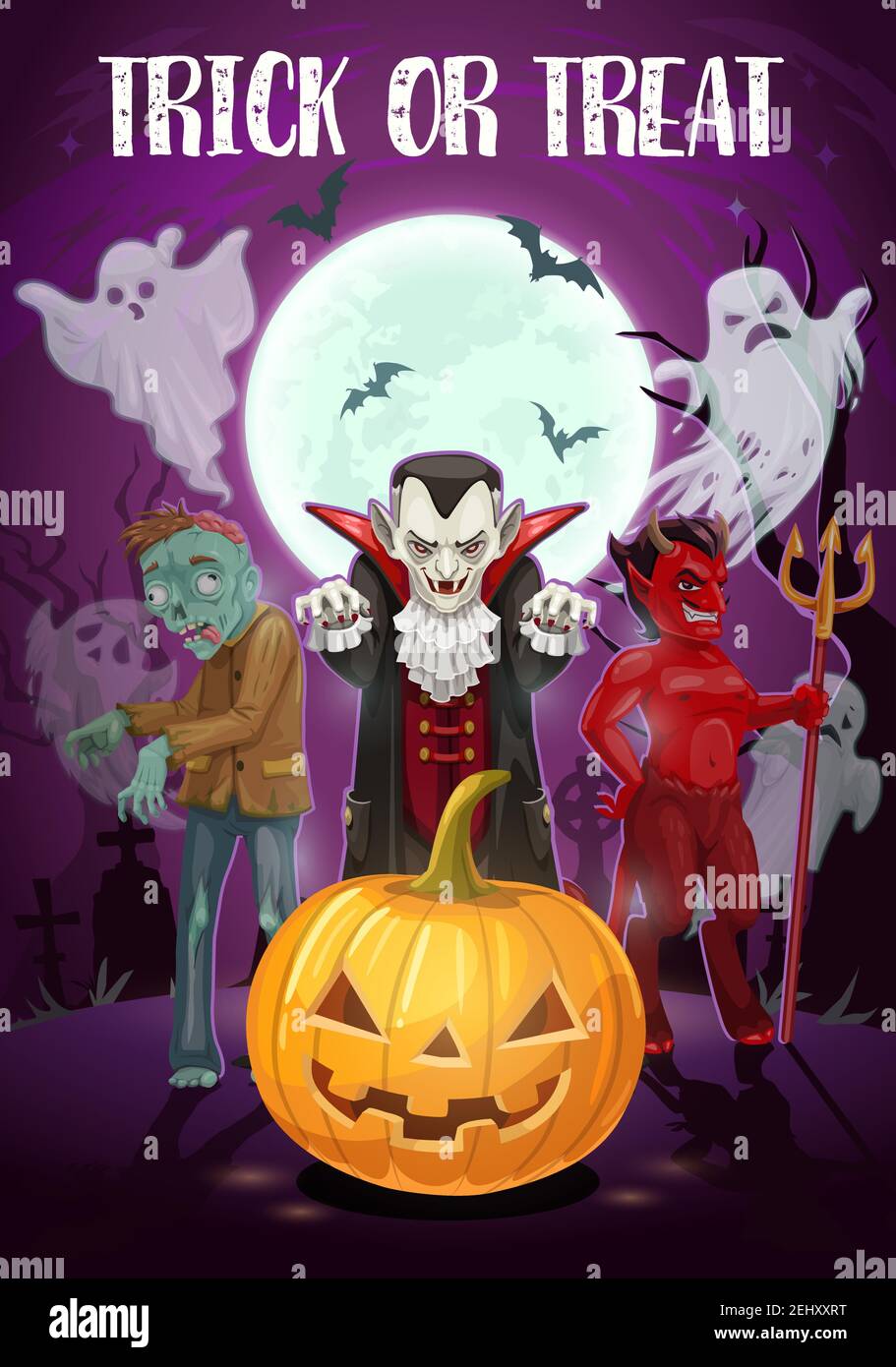 Halloween vacanza, trucco o piacere, la notte del male. Vampiro di Dracula del vettore, diavolo rosso e zombie morto, fantasmi o spiriti, Lanterna di Jack e luna piena. Monst Illustrazione Vettoriale