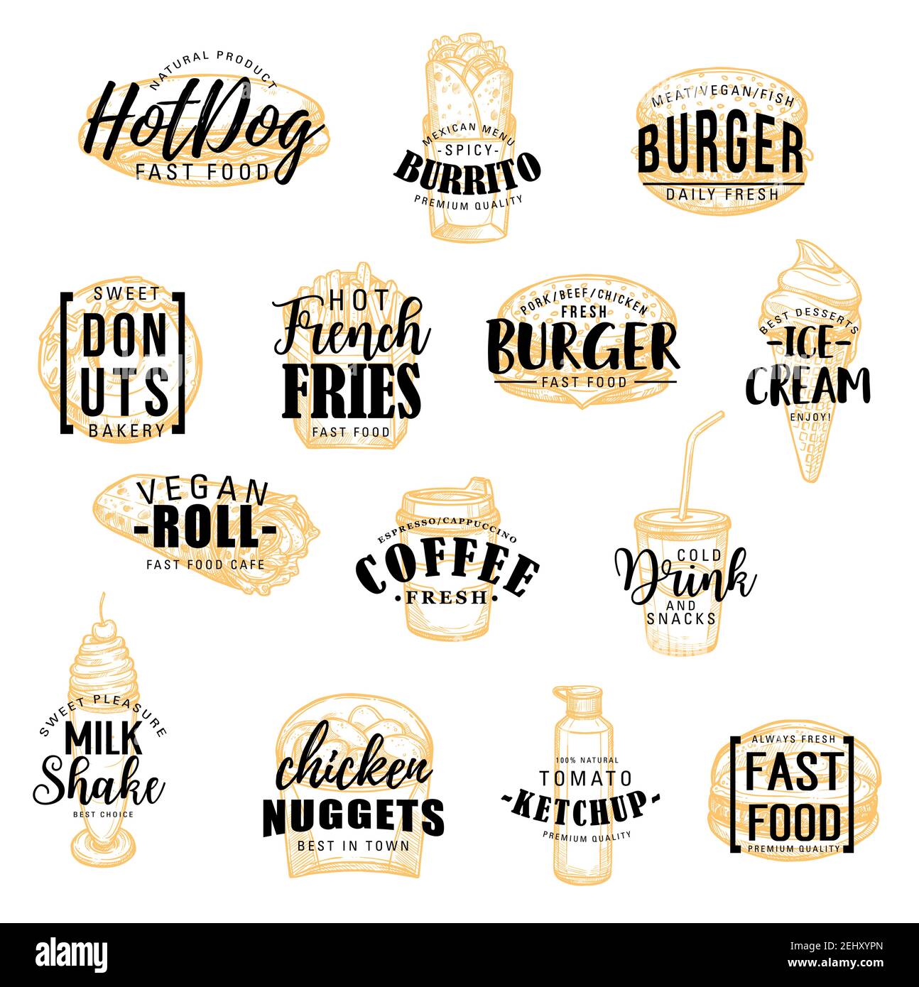 Icone per schizzi di alimenti veloci con lettere. Hot dog e burrito, ciambelle e hamburger, patatine fritte e gelato, panino vegano e caffè, bevanda e frullato di latte. Illustrazione Vettoriale