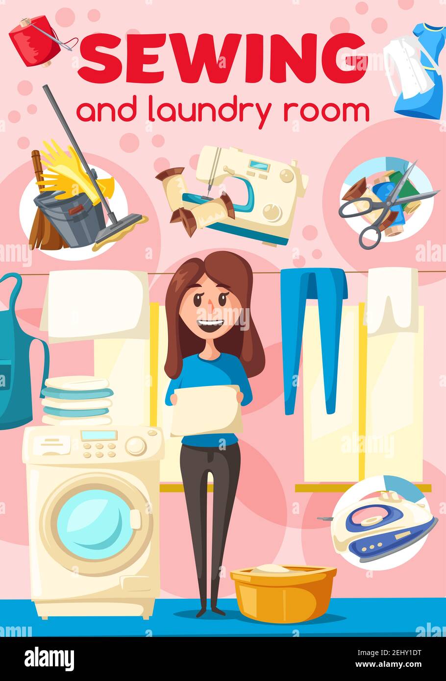 Lavanderia e poster da cucire per il servizio di pulitura a secco e la riparazione di indumenti. Donna e lavatrice o macchina da cucire, bobine di ferro e filo, forbici e bacinella Illustrazione Vettoriale