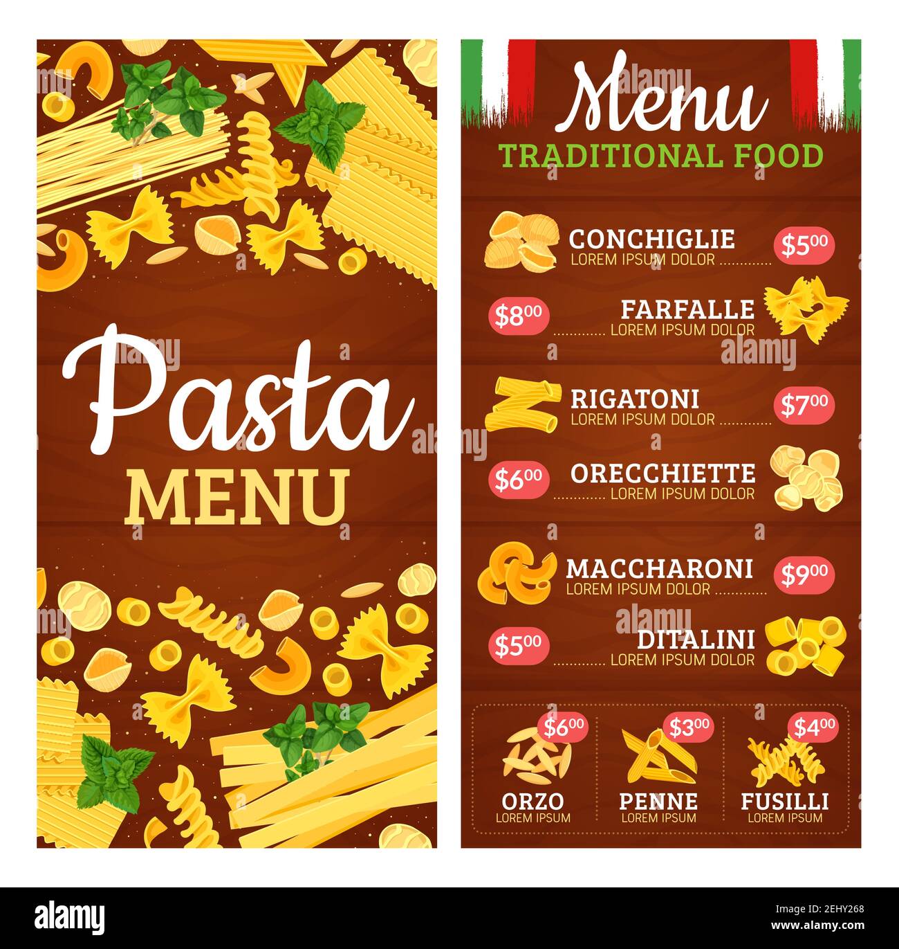 Menù di pasta italiana con cucina italiana e prezzi. Conchiglie e farfalle, rigatoni e orecchiette, maccheroni e ditalini, orzo e penne, fusil Illustrazione Vettoriale